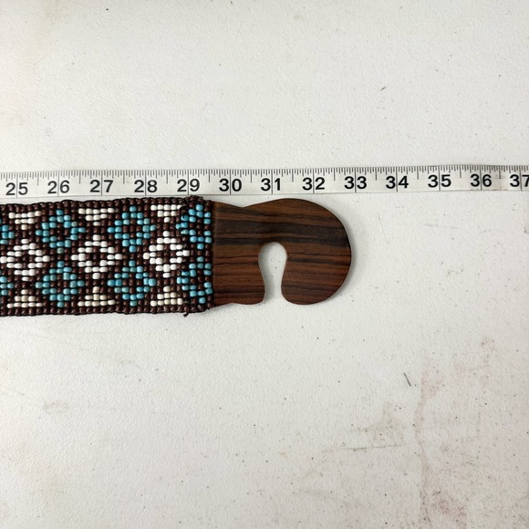 Handmade Beaded Geometric Waist Belt Turquoise Brown Wood Buckle Retro 33 Inch - Picture 8 of 9